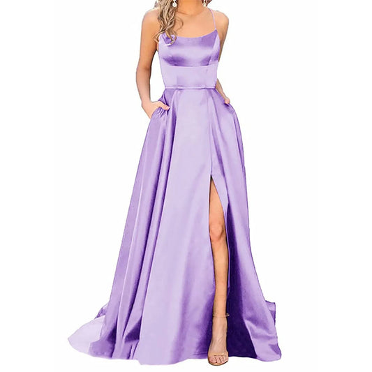 maoxiangshop-Sexy Backless Long Evening Prom Dress Purple Side Slipt Maxi Dress Women A Line Spaghetti Straps Satin Prom Gowns Formal Vestido