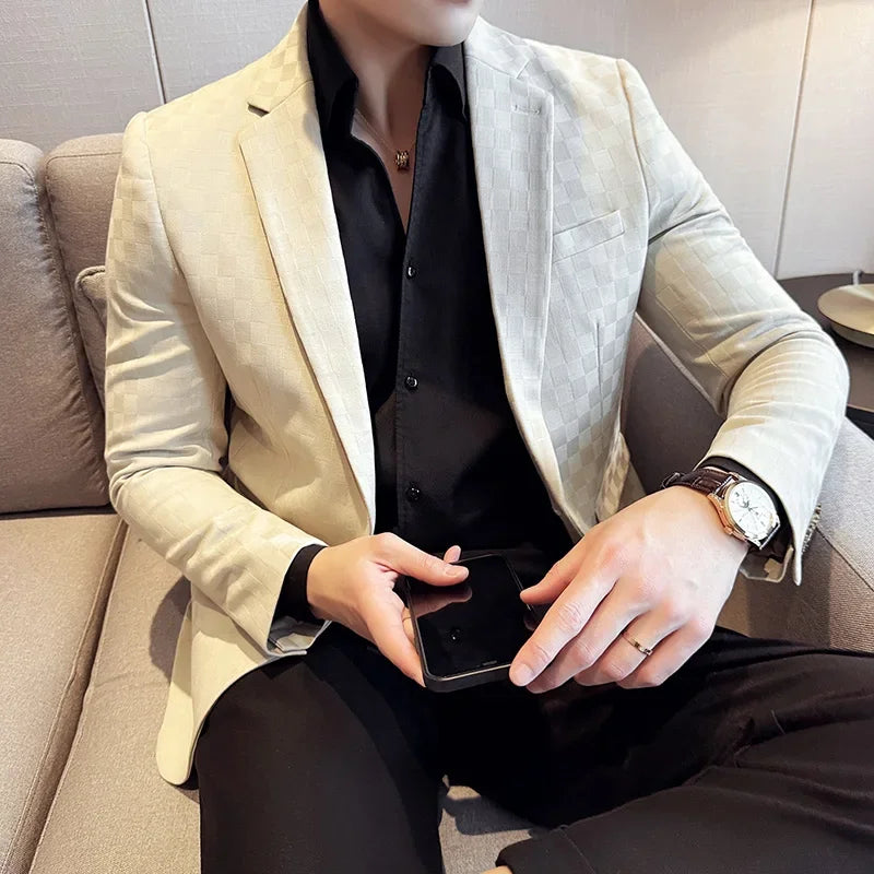 maoxiangshop Plus Size 5XL-M Luxury Checkered Slim Fit Business Blazers Mens 2024 Formal Single Button Fashion Social Party Suit Jacket
