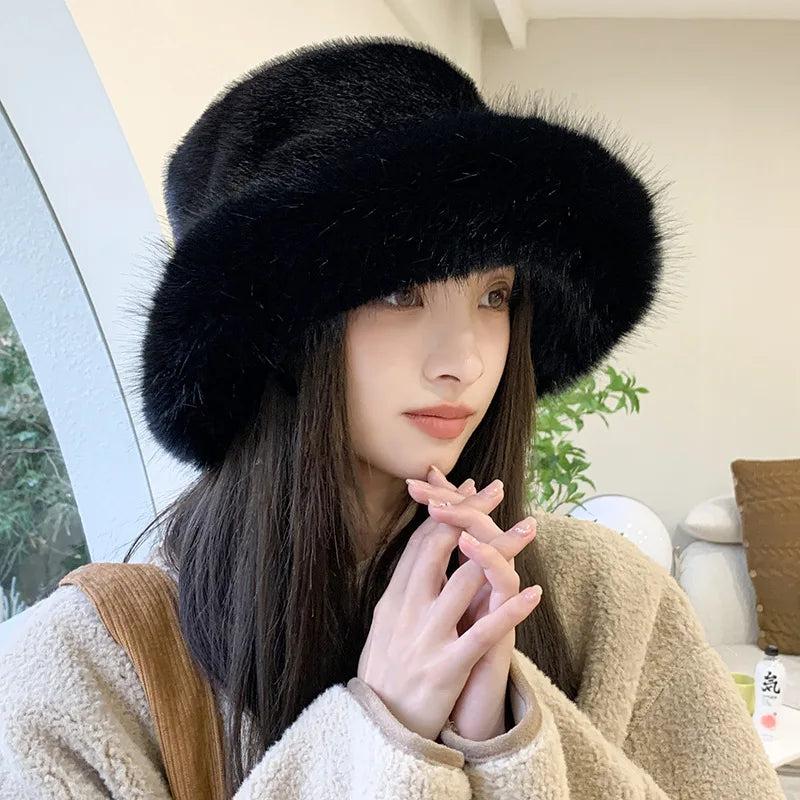 maoxiangshop Winter Hat for Women Faux Fur Fluffy Bucket Hat for Women Luxury Plush Hat Thicken Snow Oversized Fur Bucket Hat Soft Panama Cap