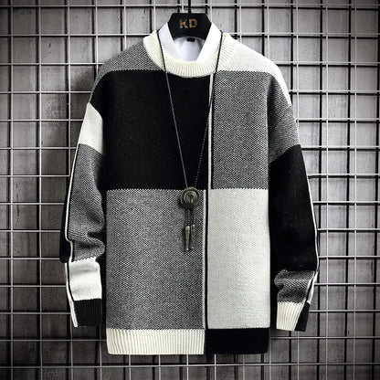 maoxiangshop Half High Collar Color Blocking Warm Sweater/ High Quality Men Spring Autumn Slim Leisure Korean Long Sleeve Loose Knit Pullover