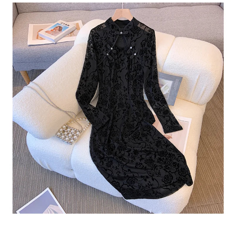 maoxiangshop Vintage Sexy Black Lace Long Sleeve Midi Dresses Women Spring Autumn Korean Elegant Fashions Evening Party Female Clothing