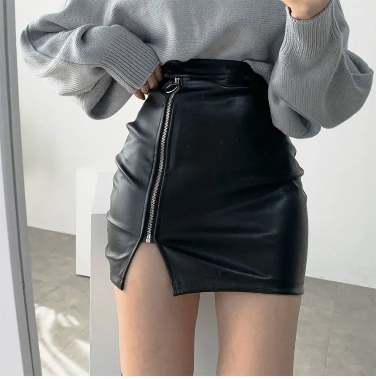 maoxiangshop Black Mini Sexy Skirt Sexy High Waist Package Hip Pencil Skirt Women Korean Fashion Pu Faux Leather Split Zipper Short Skirts