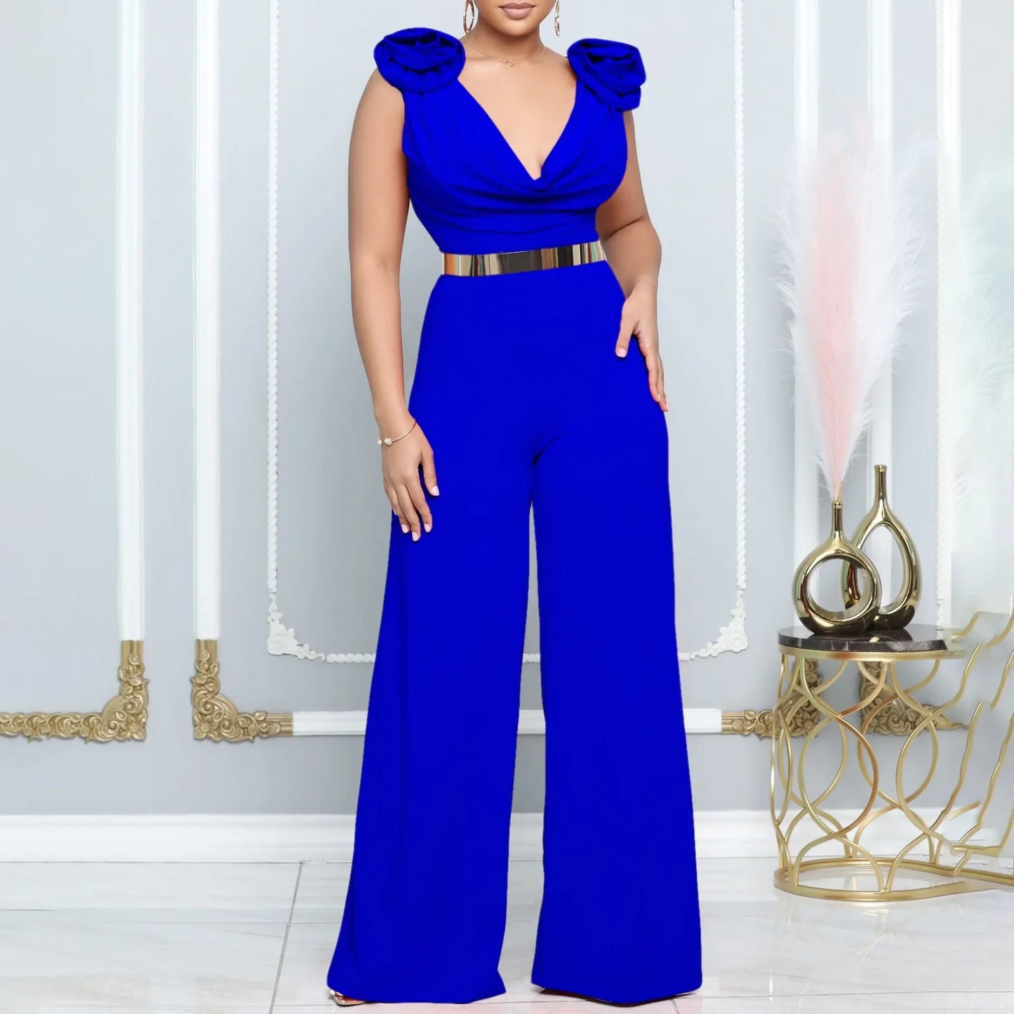 maoxiangshop Elegant Jumpsuits & Rompers for Women V Neck Sleeveless Belt Waisted Straight Luxury Female Birthday Party Dinner Outfits Cloth