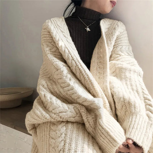 maoxiangshop Women Loose Warm Long Cardigan Coat Solid Long Sleeve Knit Thicken Sweater Coat Women Autumn Winter Streetwear Outerwear