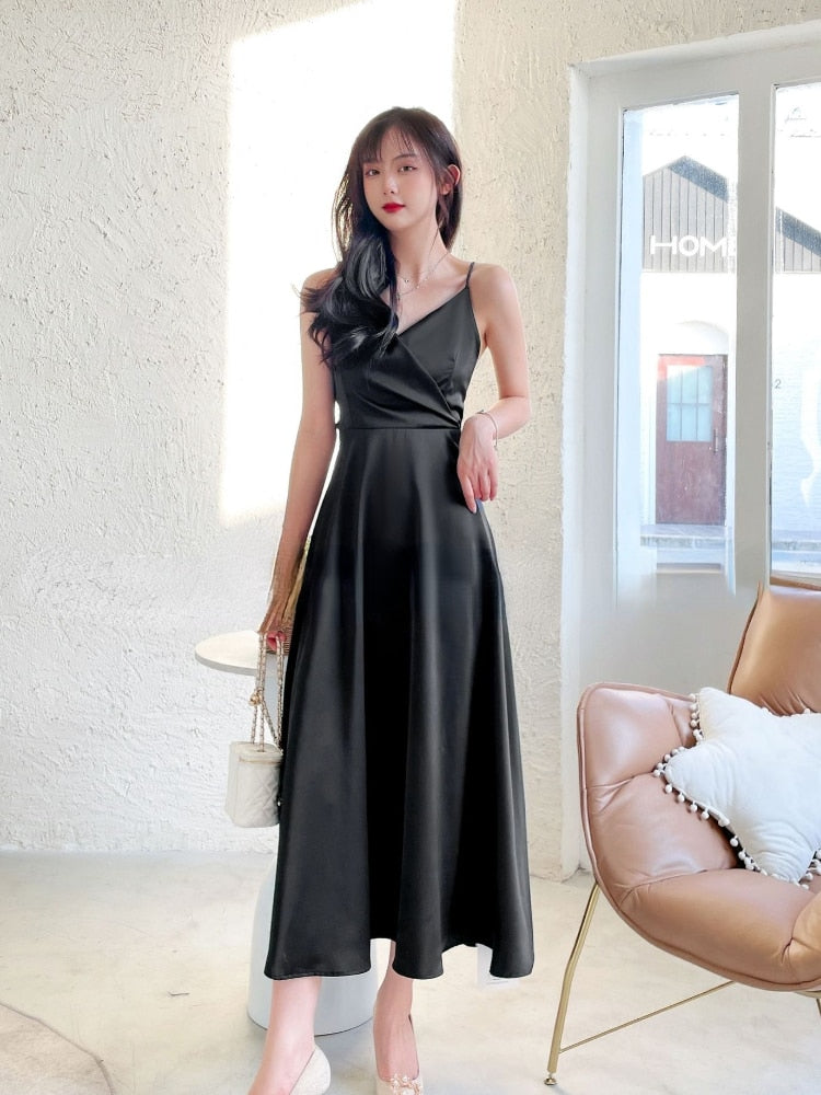 maoxiangshop Summer New French Retro Satin Sexy Super Fairy White Suspender Dress Seaside Holiday Wind Open Back Beach Long Skirt Women