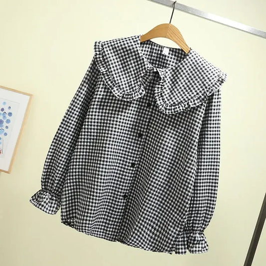 maoxiangshop-Women Blouse Spring Black  White Plaid Long Sleeve Loose-Fitting Shirt Coat Top Blusas Ropa De Mujer