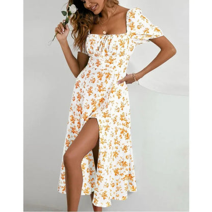 Floral Print Puff Sleeve Ruched Bust Slit Dress Women Square Neck High Waist A-line Long Dresses Elegant Ladies Summer Sexy Robe