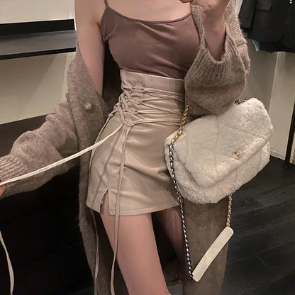 maoxiangshop Fashion Women Ladies Skirt Spring Autumn Solid Color Sexy Clubwear Mini Skirt High Waist Lace-Up Pencil Cross Skirt For Women