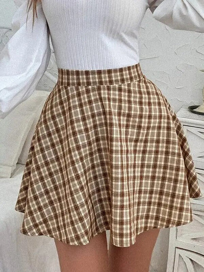 maoxiangshop New Women Fashion Vintage Plaid Casual With Skirt  Sweet Contrast Plaid Skirt A-line Skirt High Waist Skirt