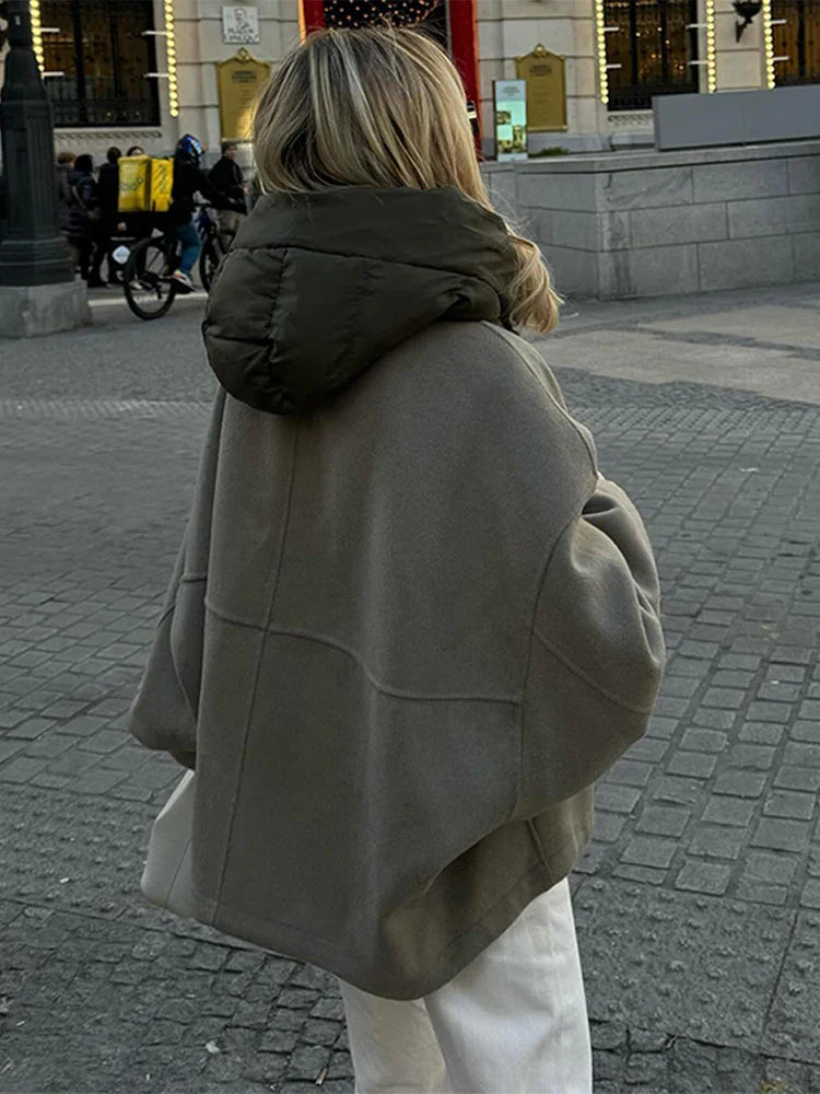 maoxiangshop  -  Zipper Panelled Women's Jackets With Hoodies Casual Drawstring Long Sleeved Jacket Female Autumn Winter Short Loose Outwear Tops