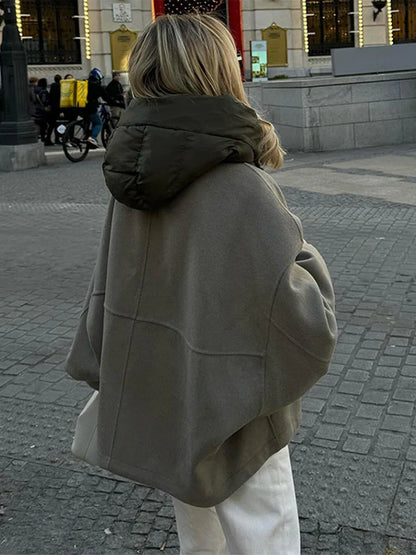 maoxiangshop  -  Zipper Panelled Women's Jackets With Hoodies Casual Drawstring Long Sleeved Jacket Female Autumn Winter Short Loose Outwear Tops