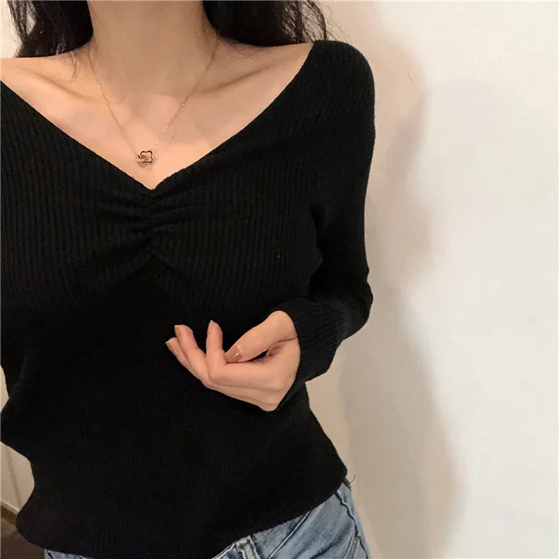 maoxiangshop Sexy V Neck Women Sweater Autumn Knitted Pullover Jumper Chic Soft Korean Slim Long Sleeve Female Basic Top New