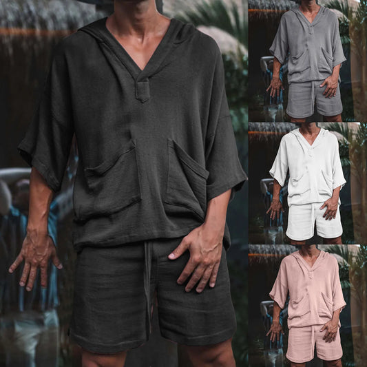 maoxiangshop Europe And The United States New Short Sleeve Shorts Men's Cotton Linen Loose Leisure Suit Holiday Men's Wear