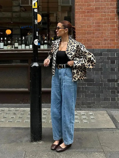 maoxiangshop  -  Women Casual Leopard Print Bomber Jacket Elegant Lapel Long Sleeves Zipper Pockets Loose Coat 2024 Autumn Lady High Streetwewar