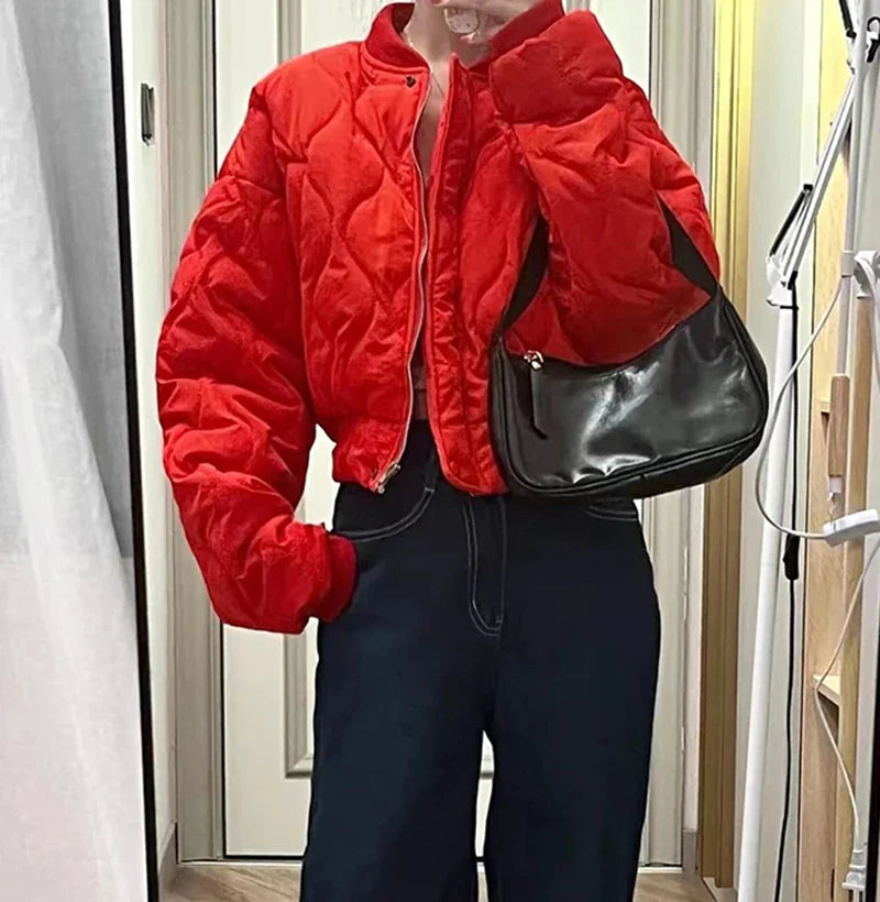 maoxiangshop  -  Short Parkas Women Streetwear Solid Cropped Down Coats Korean Fashion Puffer Jacket Winter Casual Zipper Cotton Padded Outwears