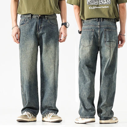 maoxiangshop Baggy Jeans Men Wide Leg Pants Dark Blue Denim Pants Straight Cut Oversize Pants Korean Style Trousers For Men Clothing