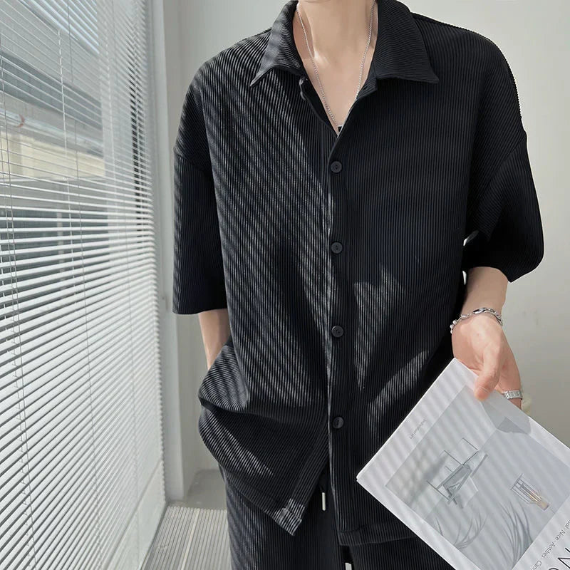 maoxiangshop Summer Pleated Sets Men Fashion Black/White Casual Ice Silk Suit Men Korean Short-sleeved Shirt/Trousers Two-piece Mens Set