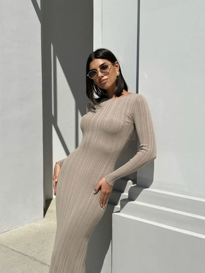 Women Autumn Winter Solid Maxi Long Sweater Dress Elegant Casual Fashion Pullover Bodycon Slim Streetwear Knitted Dress New