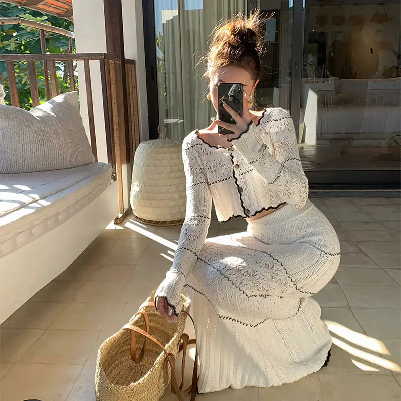 maoxiangshop  -  Sweet Hot Girl Suit Women's Autumn Slim O-Neck Knitted Cardigan High Waist Long Skirt Two-piece Set Fashion Female Clothes