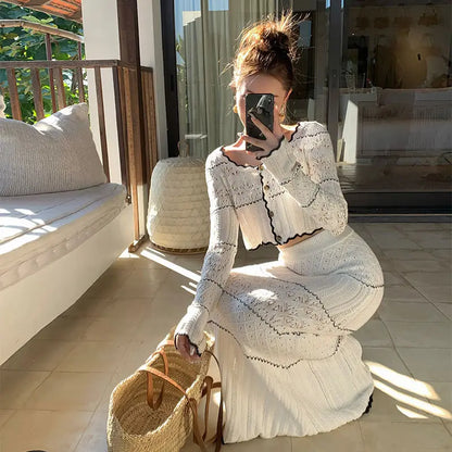 maoxiangshop  -  Sweet Hot Girl Suit Women's Autumn Slim O-Neck Knitted Cardigan High Waist Long Skirt Two-piece Set Fashion Female Clothes