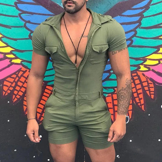 maoxiangshop Fashion Jumpsuits for Men  Summer Clothing Solid Color Short Sleeve Overalls Casual Street Wear Work Male Cargo Y2K Clothes