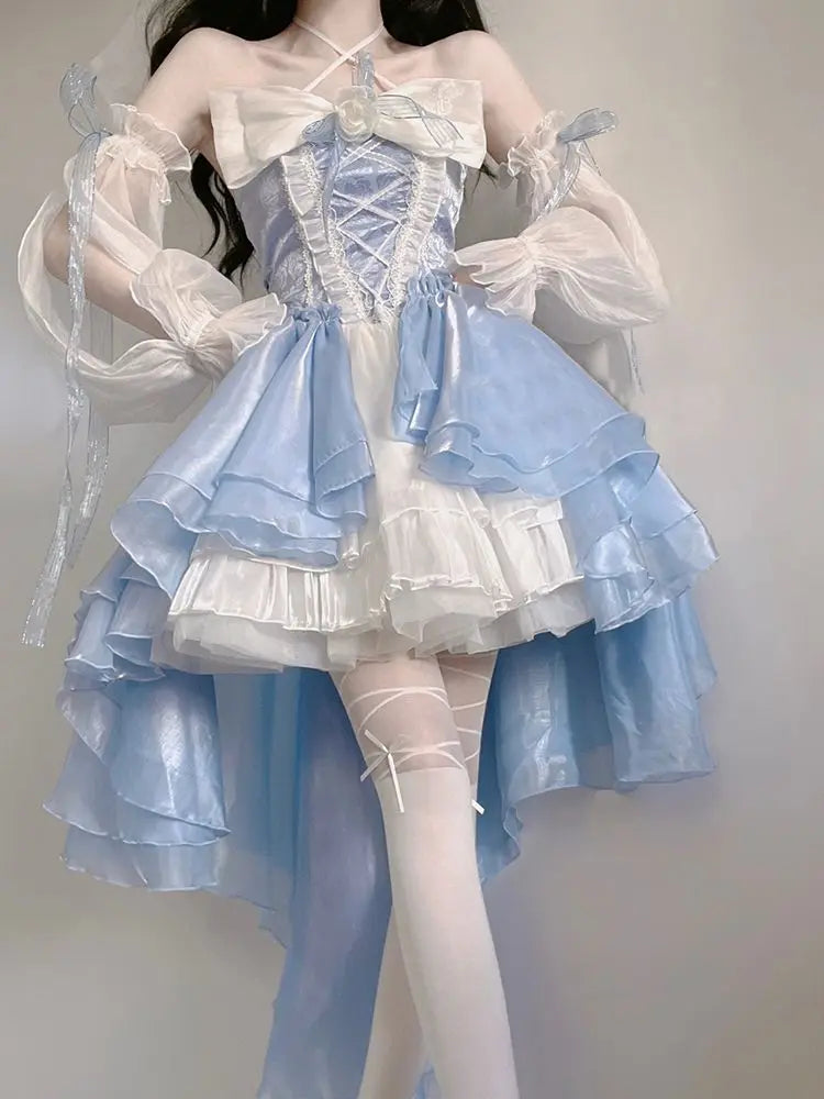 maoxiangshop French Romantic Style Lolita Op Elegant Girl Cosplay Princess Puff Sleeve Ribbon Bowknot Flower Tunic Mesh Fantastic Fairy Dress