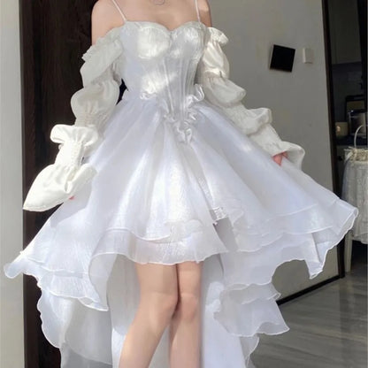 maoxiangshop Spring Elegant White Off Shoulder Fairy Dress Chic Princess Puff Dress Mesh Puff Dress Wedding Party Porm Dress