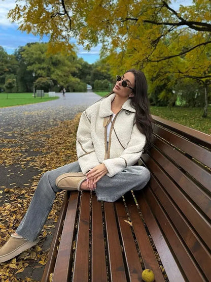 maoxiangshop  -  Vintage Lamb Wool Lapel Jackets Women Casual Warm Plush Zipper Pockets Jacket Coats Female Winter Chic High Street Outwear