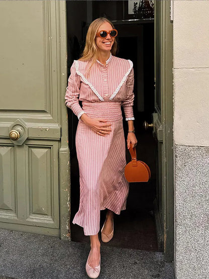 maoxiangshop  -  Fashion Striped Print Skirt Set For Women Ruffles Round Neck Long Sleeves 2 Pieces Sets Spring Summer Cute Street Lady Outfit