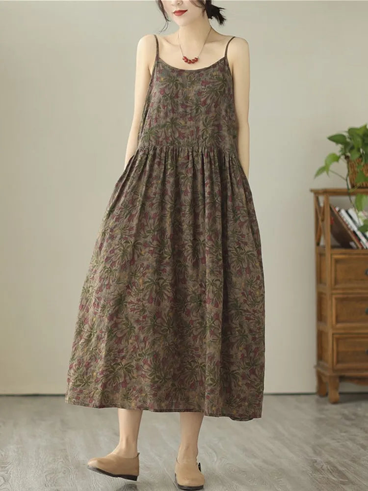 Anteef sleeveless strap cotton vintage floral new in dresses for women casual loose long summer dress elegant clothing 2024