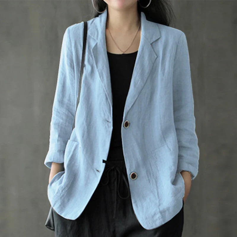 maoxiangshop Vintage Summer Lapel Neck Long Sleeve Work Suits Blazer Women Casual Solid Cotton Blazer Elegant Cardigan Thin Coats