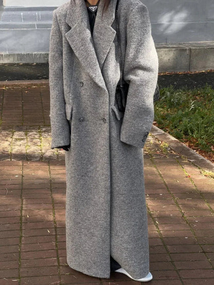 maoxiangshop  -  Fashion Grey Lapel Long Woolen Coats Women Double-breasted Pockets Long Sleeves Overcoat 2024 Autumn Lady Street Outerwear