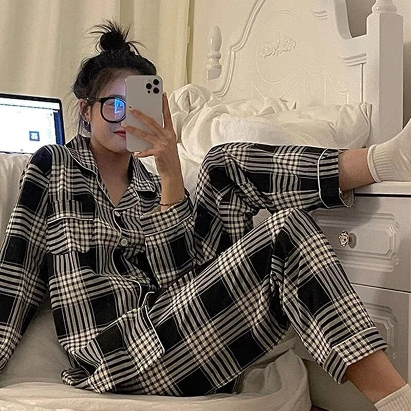 Plaid Christmas Pajamas Women Korean Sleepwear Autumn Pijamas Cute Clothes Pyjamas 2 Piece Pants Sets Loungewear Pj Suit