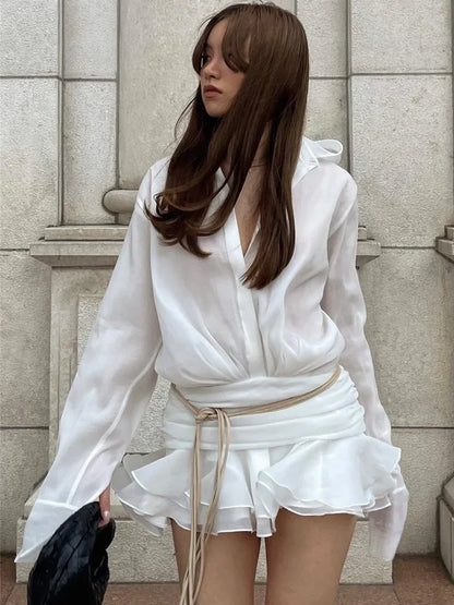 New White Chiffon Dress For Women Casual Ruffled Pleated Mini Dress See-through Loose Oversized Shirt Dress Cover-Up