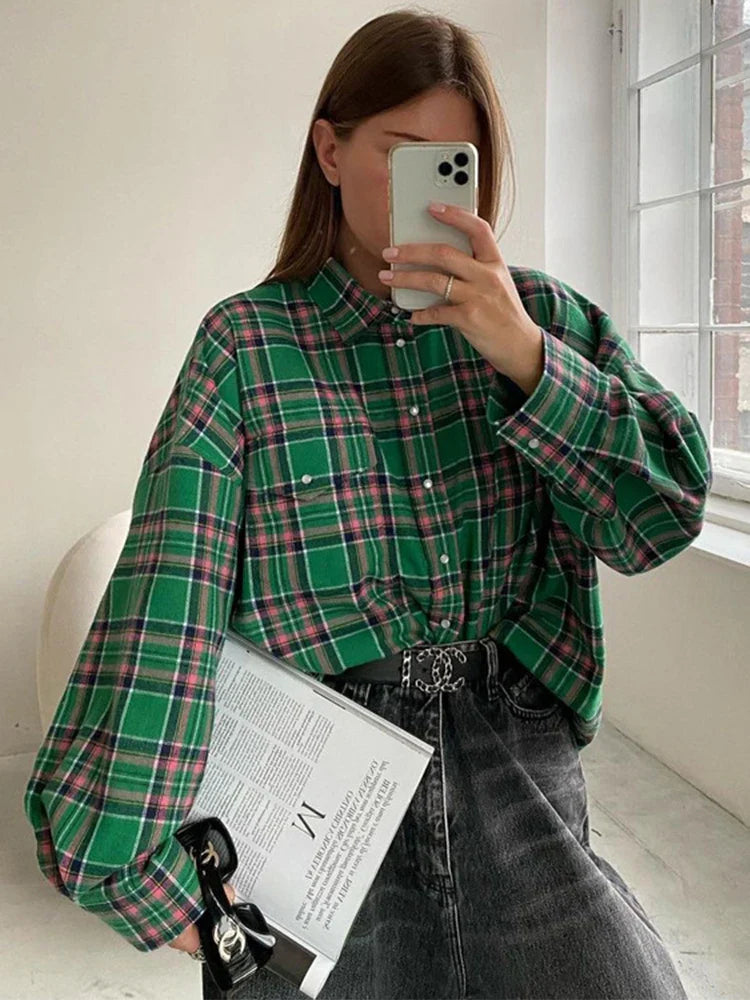 maoxiangshop -  Vintage Plaid Blouses Womans Loose Long Sleeve Shirt Autumn Winter Casual Single Breasted Shirt with Pockets Female Tops