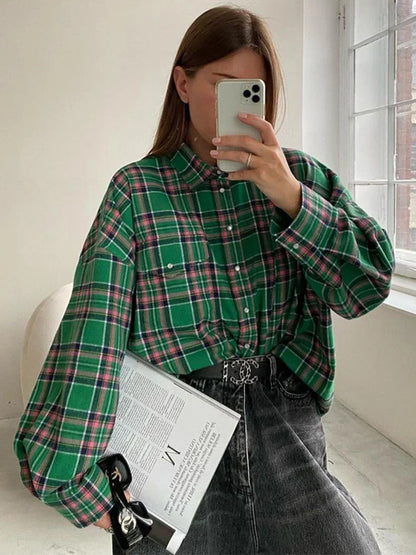 maoxiangshop -  Vintage Plaid Blouses Womans Loose Long Sleeve Shirt Autumn Winter Casual Single Breasted Shirt with Pockets Female Tops
