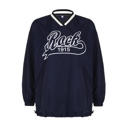 maoxiangshop  -  2024 Autumn Letter Print Loose Casual Oversized Sweatshirts V-neck Long Sleeve Drawstring Casual Tops Harajuku Streetwear Outfit