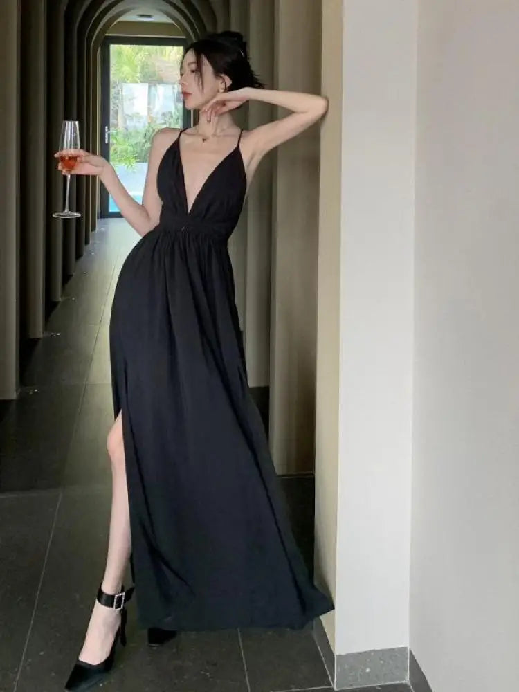 Cute Fashion Sexy Backless Sleeveless V-neck Maxi Dress Women Summer Solid Black Halter Split Dress Lady Midnight Party Outfits