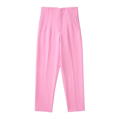 maoxiangshopWomen Light Blue Chic Fashion Office Wear Straight Pants Vintage High Waist Zipper Fly Female Trousers Fashion