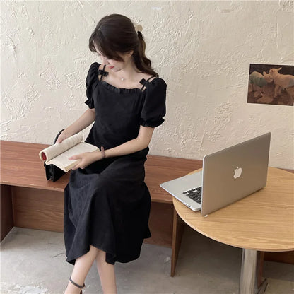 maoxiangshop New Women Vogue Off Shoulder Dress Lady Kawaii Bowknot Holiday Casual Dress Female Gentle Cutecore Elastic Puff Sleeve Dress