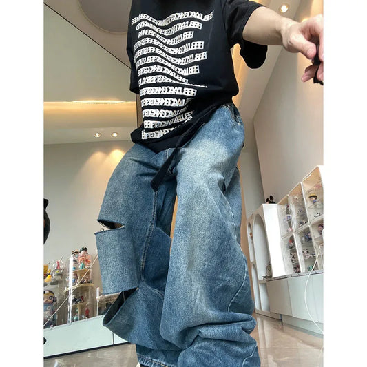 Blue Jeans For Women High Waist American Wide Leg Pants Y2K Vintage Straight Baggy Denim Trousers 2024 Spring Oversize Pants
