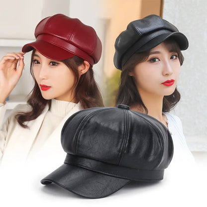 maoxiangshop New Women PU Leather Berets Cap Hat Black Red Outdoor Adjustable Female Autumn Winter Casual Lady Cap Hat For Women