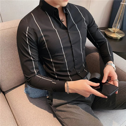 maoxiangshop Mens Shirts Autumn New Long Sleeve Stripe Dress Shirt Solid Casual Formal Wear Slim Fit Chemise Homme Camisas Men Clothing