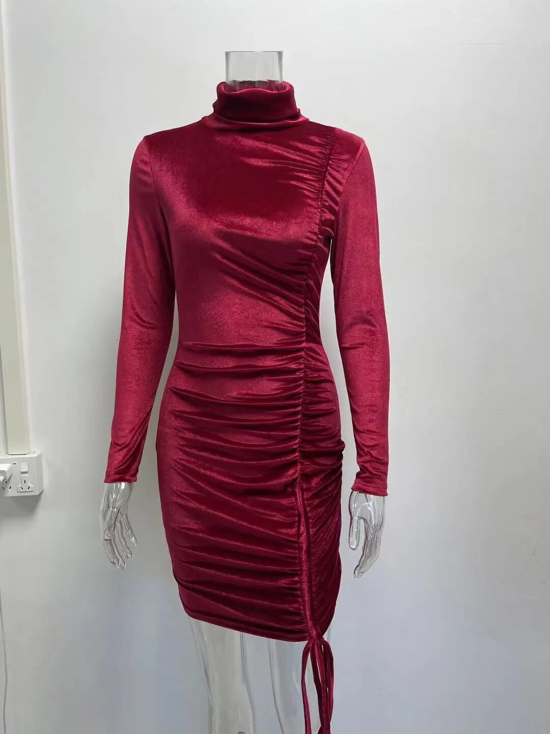 maoxiangshop Autumn And Winter Women's Long-sleeved Tight-fitting Hip Skirt High-neck Tight-fitting Elegant Drawstring Velvet Dress