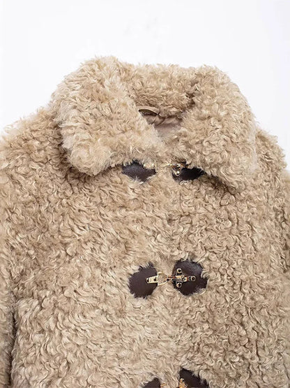 maoxiangshop  -  Winter Plush Warm Windproof Women's Coat Fashion Turndown Collar Single Breasted Short Coats Women Simple Casual Outerwears