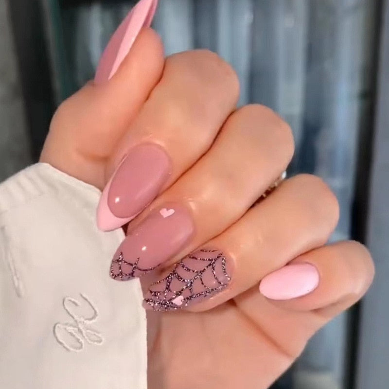 24Pcs Round Head Fake Nails with French Design Long Almond Pink Love False Nail Tips Wearable Acrylic Full Cover Press on Nails