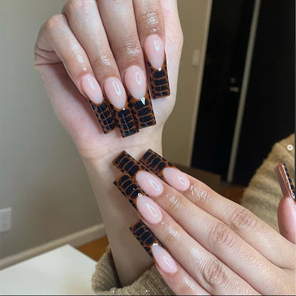 24Pcs Artifical Fake Nails with Glue Long Ballet False Nail Tips Chocolate Color Rhinestone Design Full Cover Nails Set Press On