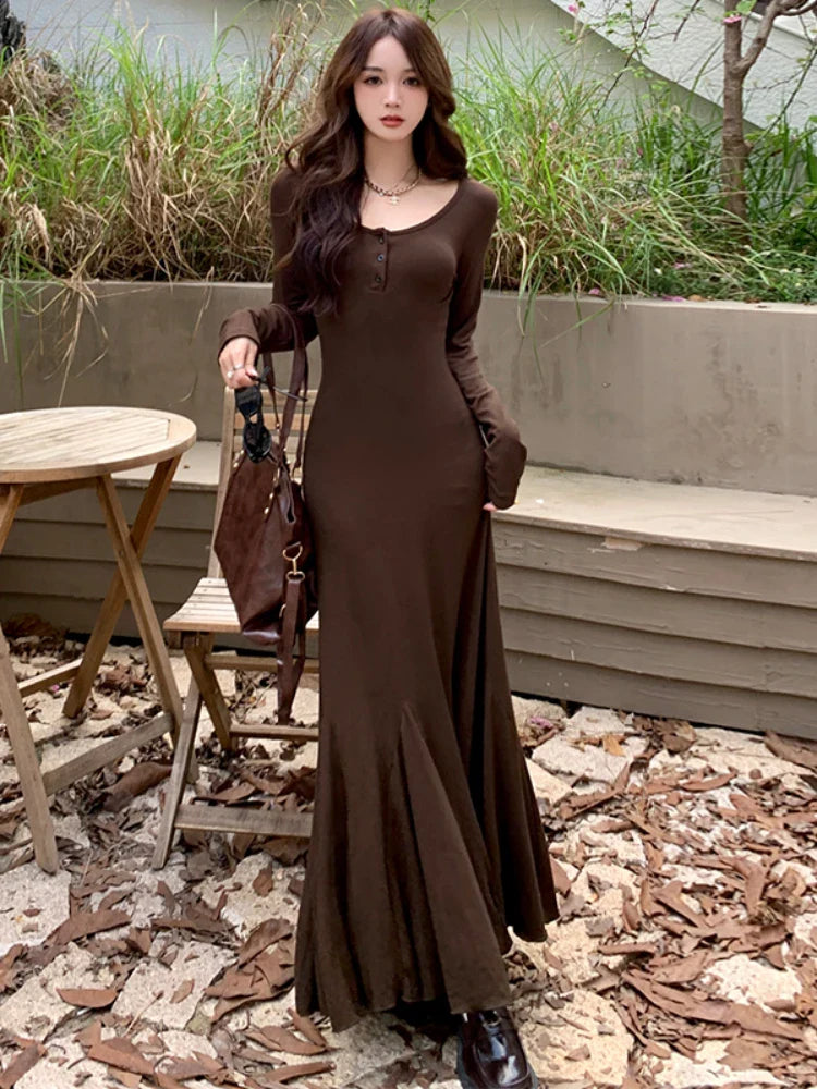 Elegant Korean Long Mermaid Dress Women  Winter Sexy Slim Office Lady Party Dress Female Long Sleeve Vintage Fairy Dress Y2k