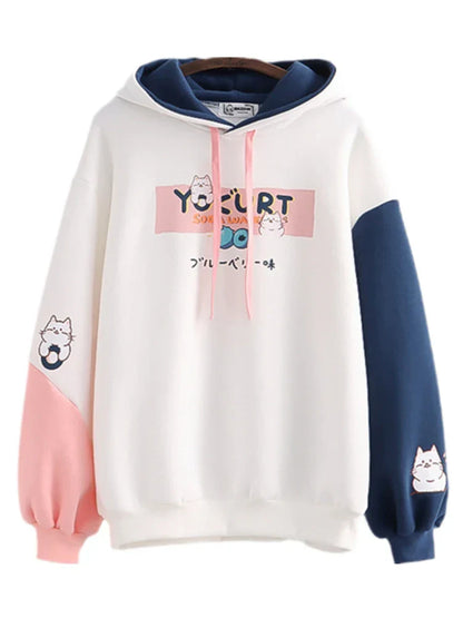 maoxiangshop Kawaii Cat Print Women Hoodies Spring Long Sleeve Drawstring Cotton Hooded Sweatshirt Female Harajuku Cute Pullover Tops