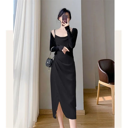 2024 Spring And Summer New Fashion Style Satin Halter Dress Waist Slit Wrap Hip Skirt Sun Cardigan Skirt Women's Two-piece Set